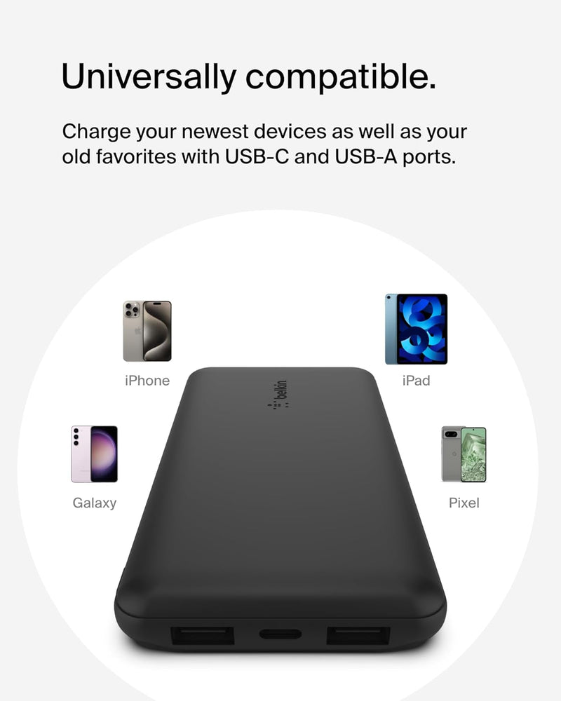 Portable Charger, USB-C Power Bank 10K W/ 1 USB-C Port and 2 USB-A Ports with USB-A to USB-C Cable for Iphone 16, 16 Plus, 16 Pro, 16 Pro Max, Samsung Galaxy S24, & More - Black