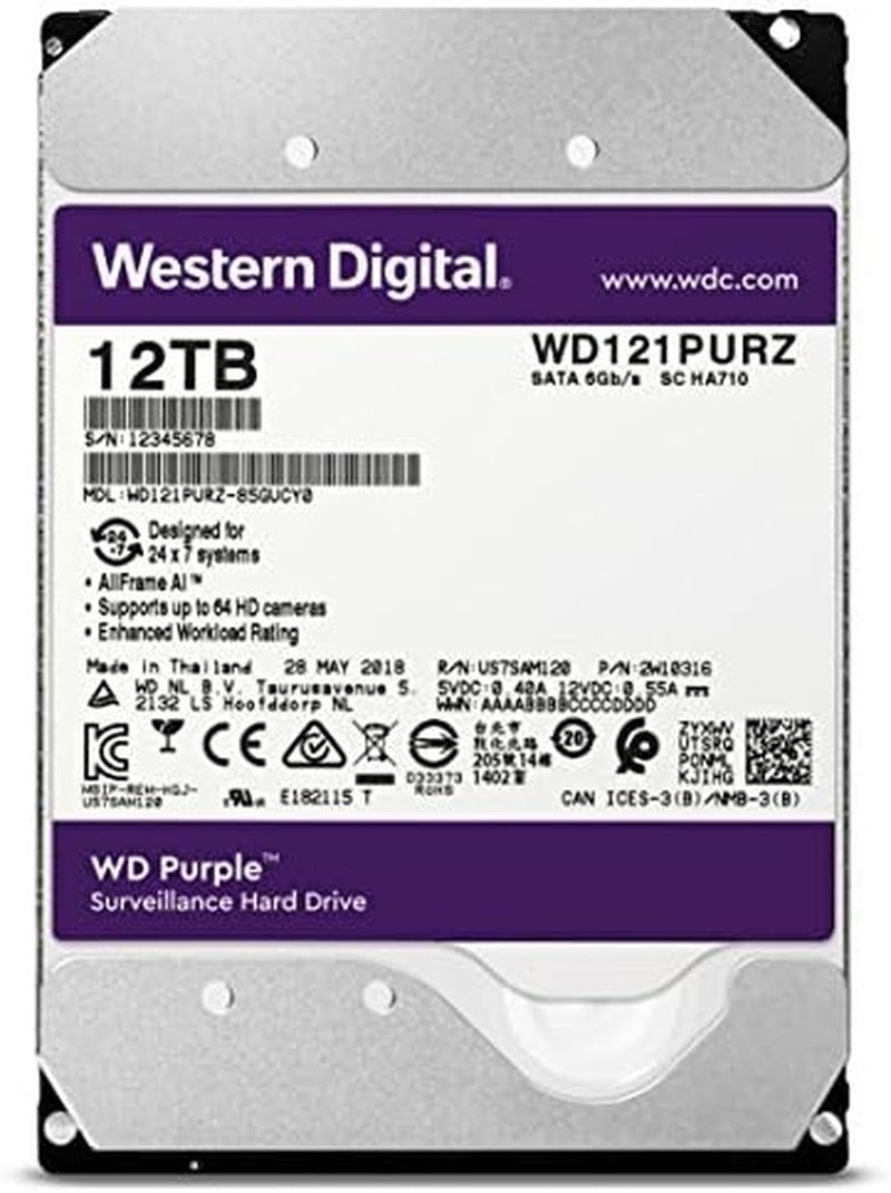 12TB WD Purple Surveillance Internal Hard Drive HDD - SATA 6 Gb/S, 256 MB Cache, 3.5" - WD121PURZ 12TB 256 MB Cache Hard Drive HDD
