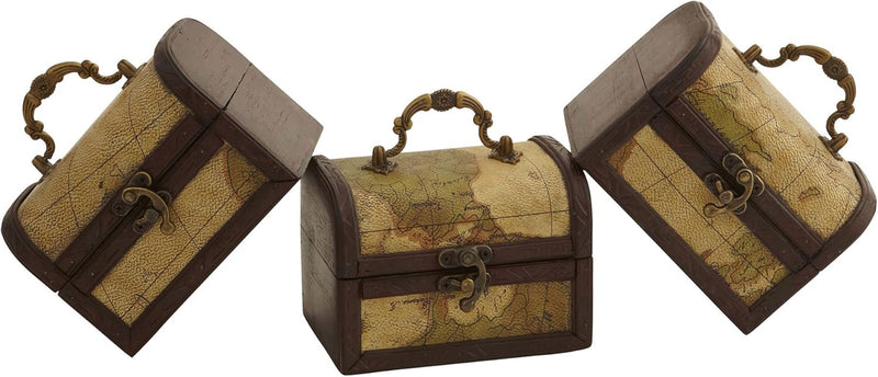 Nearly Natural Decorative Trunk Chests with Map Design, Brown, Set of 3