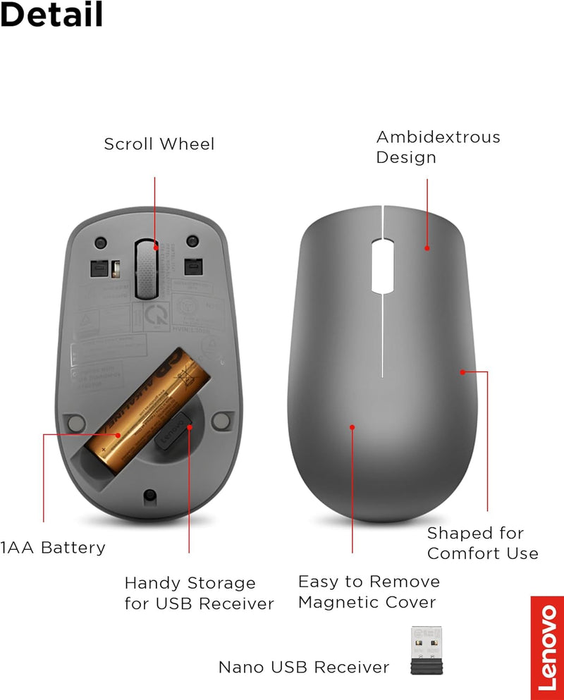 530 Full Size Wireless Computer Mouse for PC, Laptop, Computer with Windows - 2.4 Ghz Nano USB Receiver - Ambidextrous Design - 12 Months Battery Life - Graphite Grey