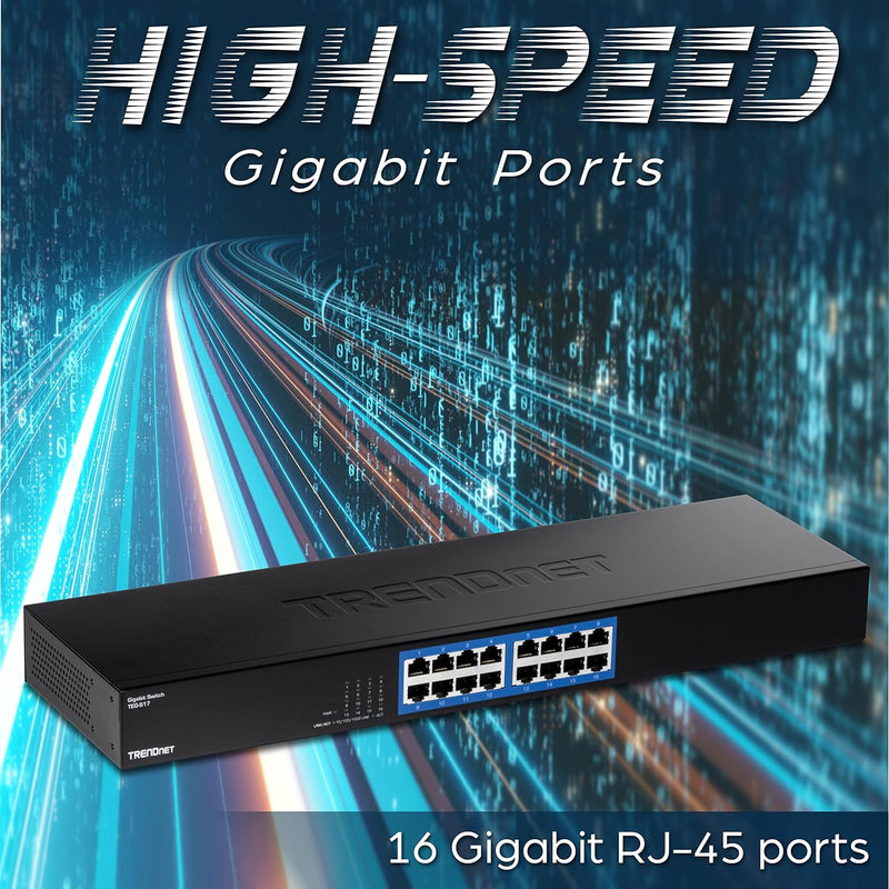 16-Port Gigabit Switch, TEG-S17, 16 X Gigabit RJ-45 Ports, 32Gbps Switching Capacity, Fanless Design, Metal Enclosure, Internal Power Supply, Lifetime Protection, Black 16 Port Version 2.0