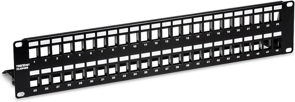 48-Port Blank Keystone Shielded 2U HD Patch Panel, TC-KP48S, 2U 19” Metal Rackmount Housing, Network Management Panel, Recommended with TC-K06C6A Cat6A Keystone Jacks (Sold Separately)