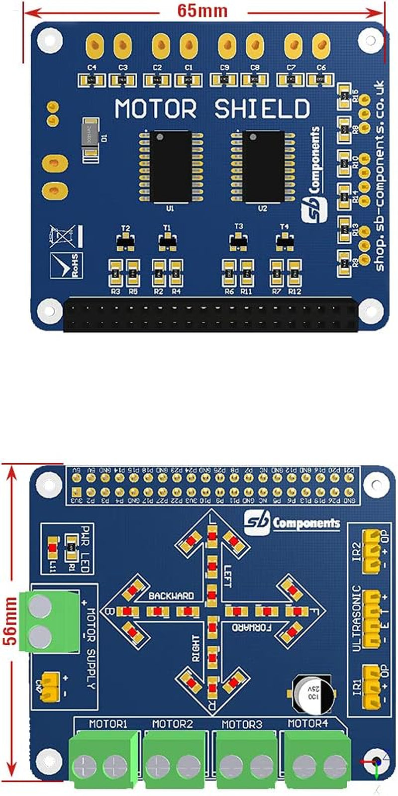 SB New Motorshield for Raspberry Pi 3,2,1 and Zero This Expansion Board Can Control up to 4 Motors or 2 Stepper Motor, 2 IR Sensors and a Single Ultrasonic Sensor.