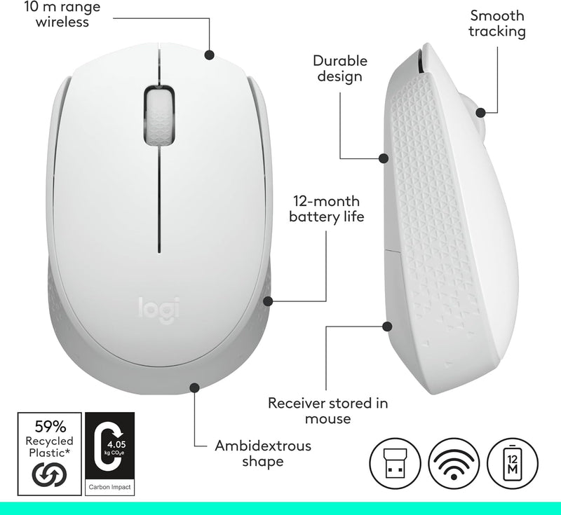 M170 Wireless Mouse for PC, Mac, Laptop, 2.4 Ghz with USB Mini Receiver, Optical Tracking, 12-Months Battery Life, Ambidextrous - off White