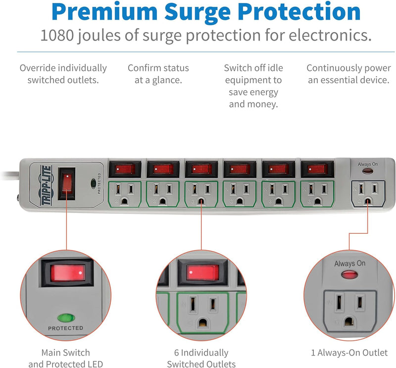 TLP76MSG 7 Outlet (6 Individually Controlled) Surge Protector Power Strip, 6Ft Cord, Lifetime Limited Warranty & Dollar 25K Insurance, Grey