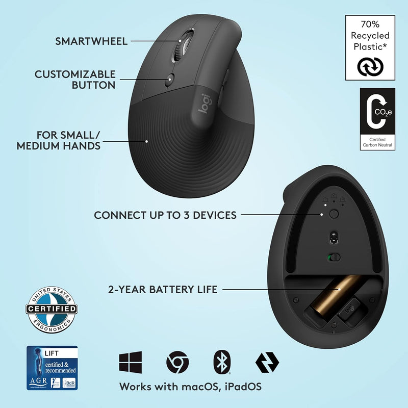 Lift Left Vertical Ergonomic Mouse Left-Handed Wireless Bluetooth or Logi Bolt USB Quiet Clicks 4 Buttons Compatible with Windows/Macos/Ipados Laptop PC - Graphite