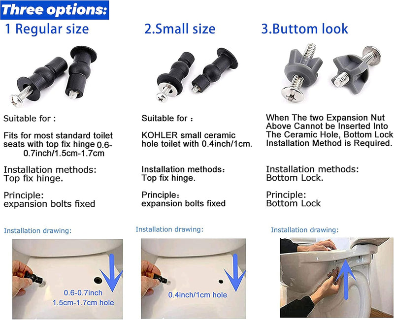 3 Pairs Toilet Seats Screw, Universal Toilet Seat Bolts, Top Fix Nuts Screws Bottom Mount Anchor Nut 1/4-20 Toilet Seat Screws Replacement Parts Fit for Kohler