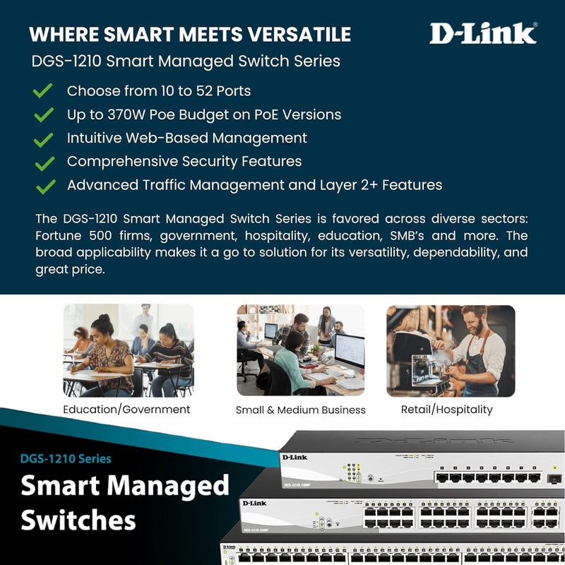10-Port Gigabit Smart Managed Poe+ Switch | 8 Poe+ Ports (65W) + 2 SFP Ports | L2+ | Vlans | Web Managed | Surveillance Mode | Desktop or Rackmount | Fanless | NDAA Compliant (DGS-1210-10P)