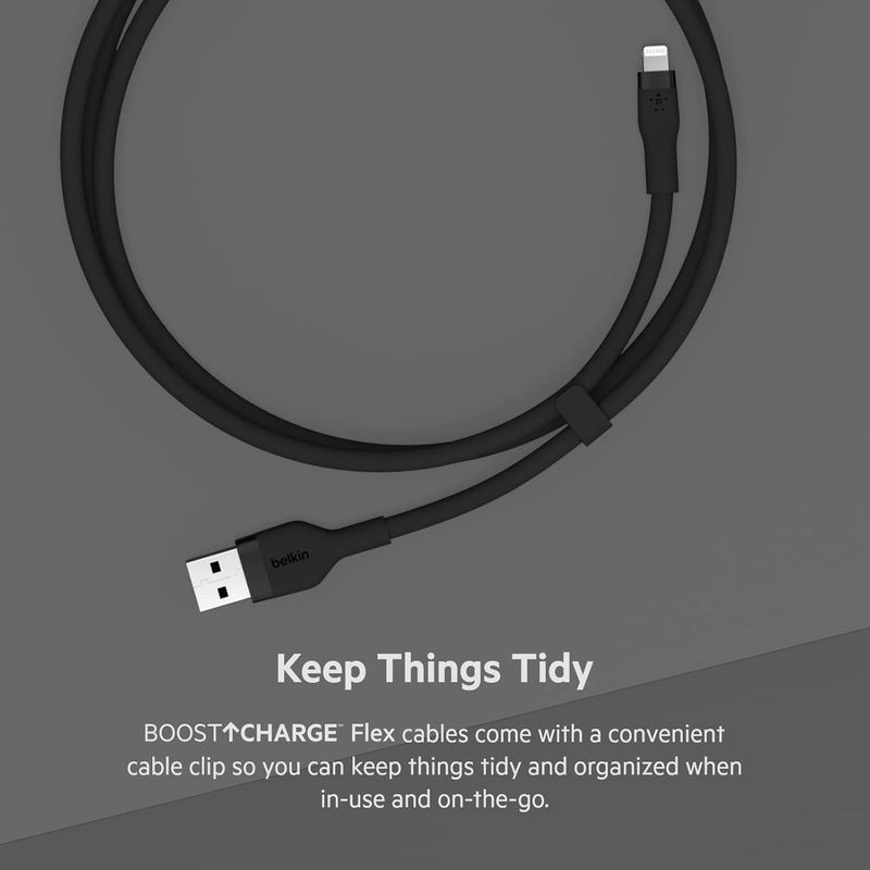 Boostcharge Flex Silicone USB Type a to Lightning Cable (1M/3.3FT), Mfi Certified Charging Cable for Iphone 13, 12, 11, Pro, Max, Mini, SE, Ipad and More, 2-Pack, Black