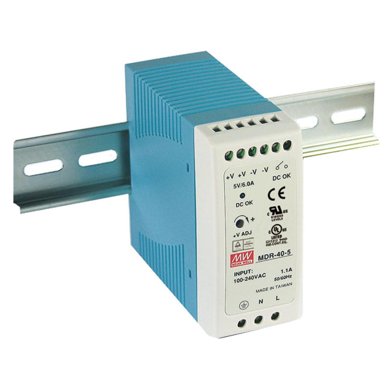 Mean Well MDR-40-24 Power Supply, Din-Rail, 24 Volt, 1.7 Amp, 40.8 Watt, 3.9" X 1.6" X 3.5" Size