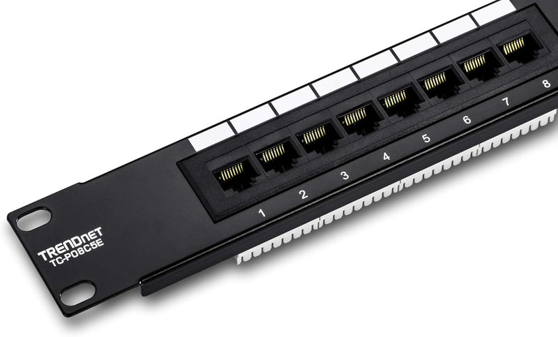 Trendnet 8 Port Cat5/5E Unshielded Patch Panel,Tc-P08C5E,Wallmount or Rackmount,10 Inch Wide, 8 X Gigabit RJ-45 Ethernet Ports,100 Mhz Connection, Color Coded Labeling,110 IDC Terminal Blocks,Black