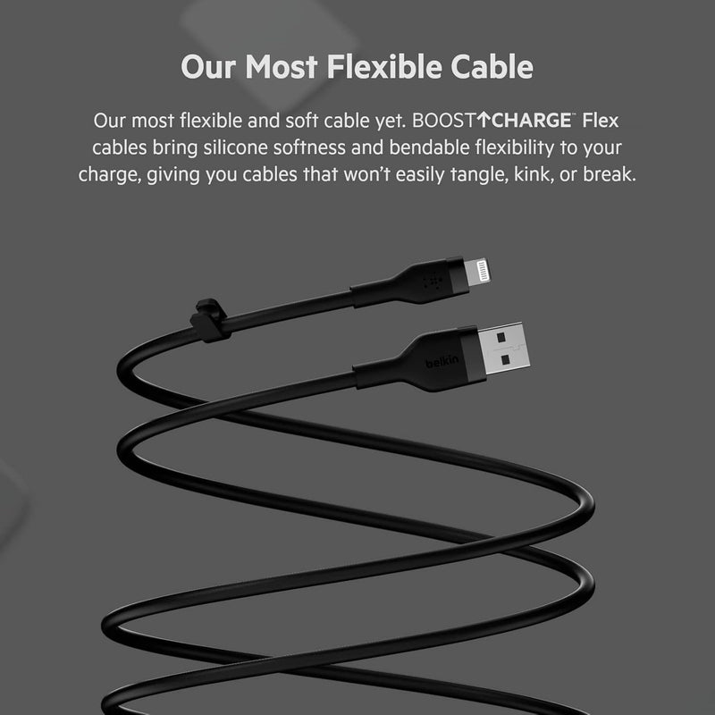 Boostcharge Flex Silicone USB Type a to Lightning Cable (1M/3.3FT), Mfi Certified Charging Cable for Iphone 13, 12, 11, Pro, Max, Mini, SE, Ipad and More, 2-Pack, Black