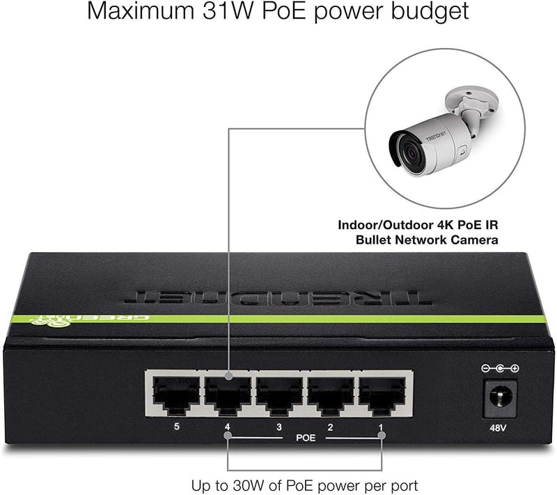 5-Port Gigabit Poe+ Switch, 31 W Poe Budget, 10 Gbps Switching Capacity, Data & Power through Ethernet to Poe Access Points and IP Cameras, Full & Half Duplex, Black, Tpe-Tg50G