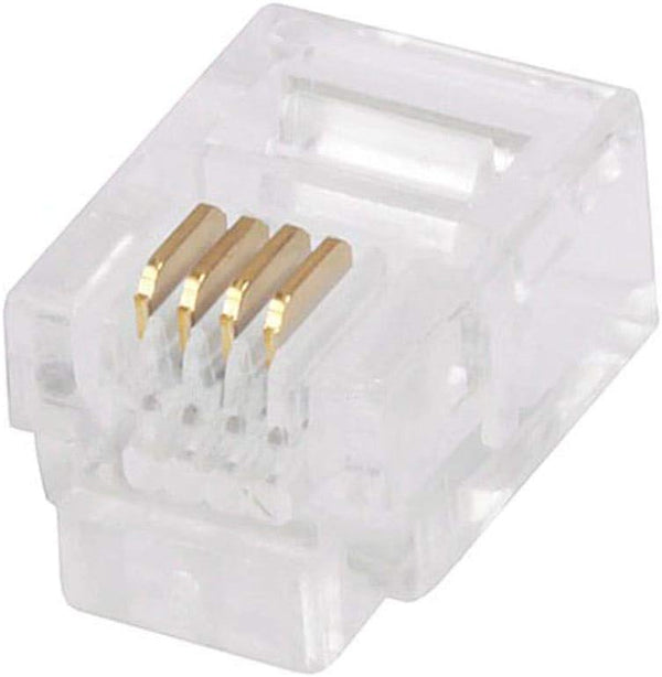 6P4C RJ11 Modular Plugs for round Solid Cable - Crimp On, 1U, 3 Prongs, 4 Conductor, Clear, 50-Pack