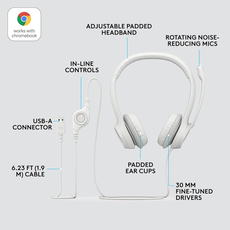 H390 Wired Headset for Pc/Laptop, Stereo Headphones with Noise Cancelling Microphone, USB-A, In-Line Controls for Video Meetings, Music, Gaming and beyond - off White