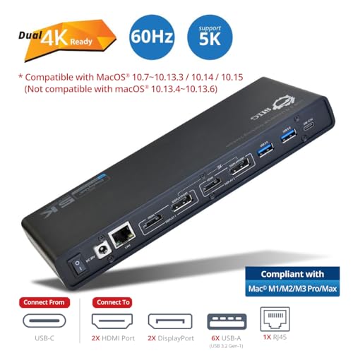 SIIG USB Type C 4K Dual Monitor Docking Station - Dual 4K@60HZ or Single 5K@60Hz Video Laptop Dock - Thunderbolt 3 Compatible (2 HDMI, 2 DisplayPort Outputs, Gigabit Ethernet, 6 USB 3.0 Ports)
