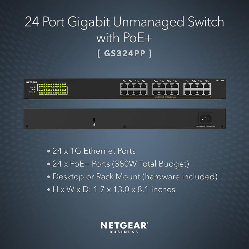 24-Port Gigabit Ethernet Unmanaged Poe+ Switch (GS324PP) - with 24 X Poe+ @ 380W, Desktop or Rackmount