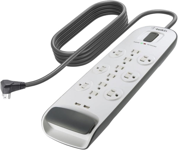 USB Power Strip Surge Protector - 12 AC Multiple Outlets & 2 USB Ports - 6 Ft Long Flat Plug Extension Cord for Home, Office, Travel, Computer Desktop & Charging Brick - White (3,996 Joules)