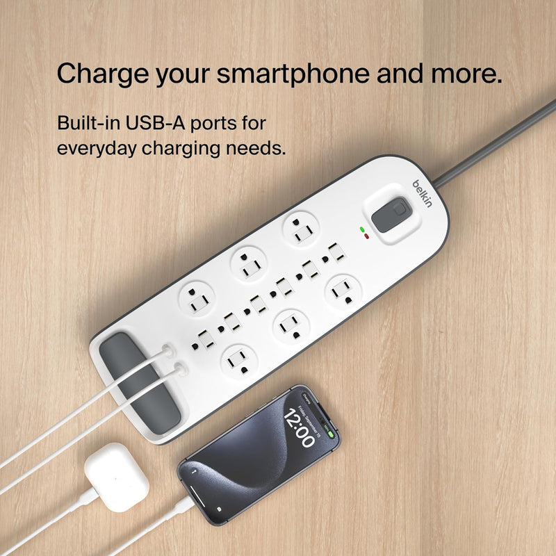 USB Power Strip Surge Protector - 12 AC Multiple Outlets & 2 USB Ports - 6 Ft Long Flat Plug Extension Cord for Home, Office, Travel, Computer Desktop & Charging Brick - White (3,996 Joules)