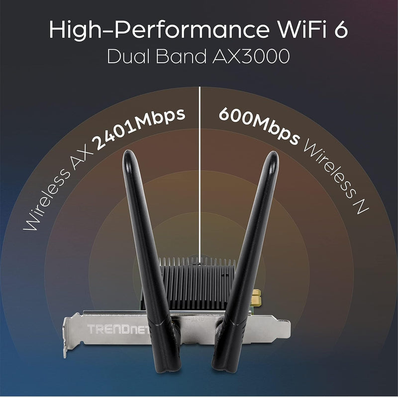 AX3000 Wireless Dual Band & Wifi 6 Pcie Adapter, Bluetooth 5.2 Class 2, 2401 Mbps Wireless AX, 600 Mbps Wireless N Bands, Windows 10, Supports up to WPA3 Wifi Connectivity, Black, TEW-907ECH