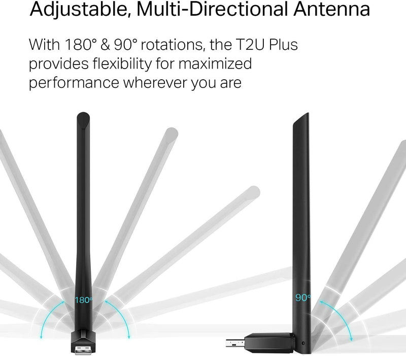 AC600 USB Wifi Adapter for PC (Archer T2U Plus)- Wireless Network Adapter for Desktop with 2.4Ghz, 5Ghz High Gain Dual Band 5Dbi Antenna, Supports Win11/10/8.1/8/7/Xp, Mac OS 10.9-10.14