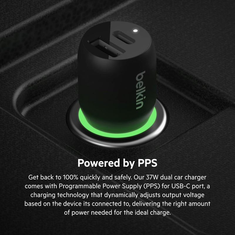 37W Dual Port Fast Car Charger with 3.3Ft USB-C Cable Included, USB-C 25W PPS Port and USB-A 12W Port for Galaxy S23, S23+, Ultra, Note20, Iphone 14, 13, 12, 11, Pro, Max, Mini and More