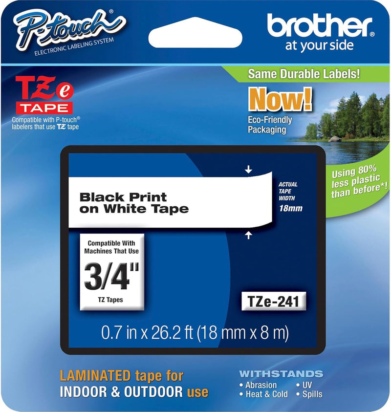 Genuine P-Touch TZE-241 Tape, 3/4" (0.70") Standard Laminated P-Touch Tape, Black on White, Perfect for Indoor or Outdoor Use, Water Resistant, 26.2 Feet (8M), Single-Pack