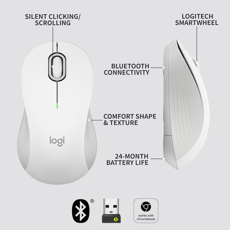 Signature M550 Wireless Mouse - for Small to Medium Sized Hands, 2-Year Battery, Silent Clicks, Customizable Side Buttons, Bluetooth, Multi-Device Compatibility - off White