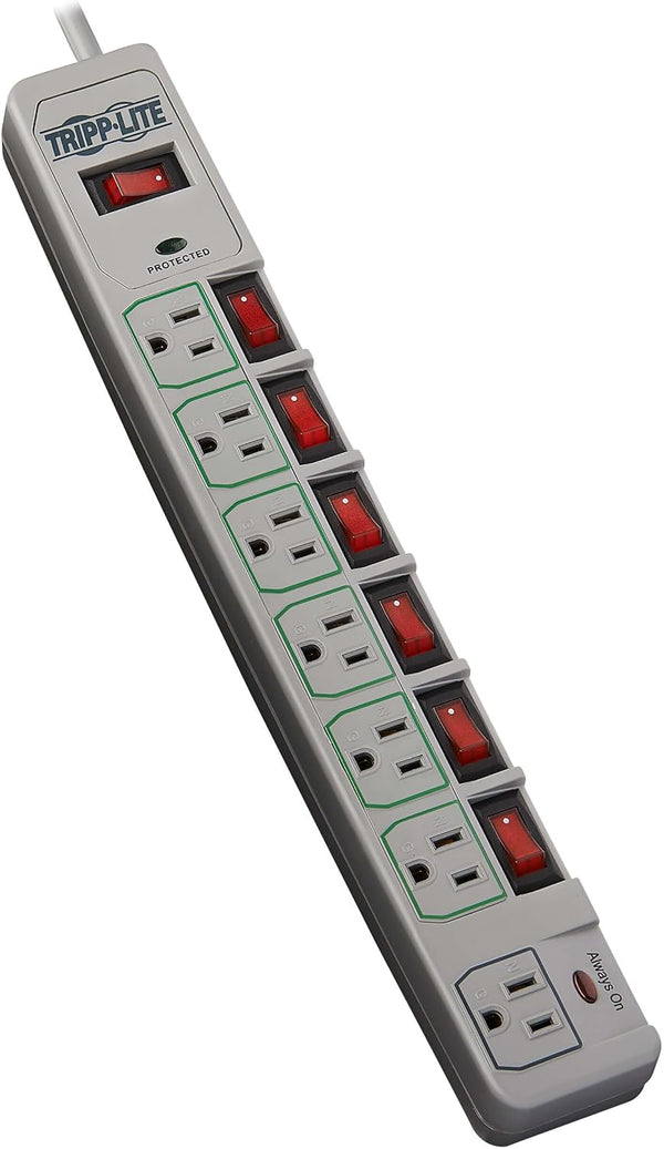 TLP76MSG 7 Outlet (6 Individually Controlled) Surge Protector Power Strip, 6Ft Cord, Lifetime Limited Warranty & Dollar 25K Insurance, Grey