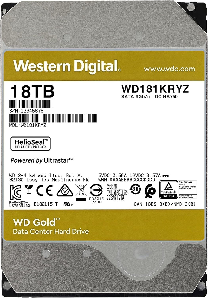 18TB WD Gold Enterprise Class Internal Hard Drive - 7200 RPM Class, SATA 6 Gb/S, 512 MB Cache, 3.5" - WD181KRYZ