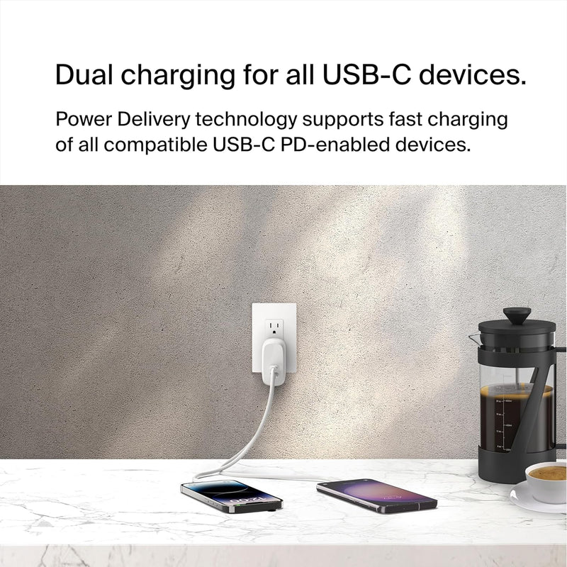 Belkin Boostcharge Dual USB-C Wall Charger W/Pps 60W for Apple Iphone 16, 16 Plus, 16 Pro, 16 Pro Max, Ipad, Galaxy S24, Google Pixel - Compatible W/Usb-C to Lightning Cable & USB-C to USB-C - White