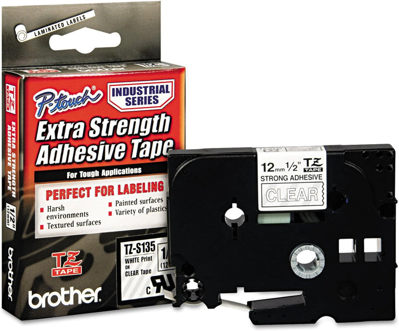 TZES135 TZ Extra-Strength Adhesive Laminated Labeling Tape, 1/2-Inch W, White on Clear