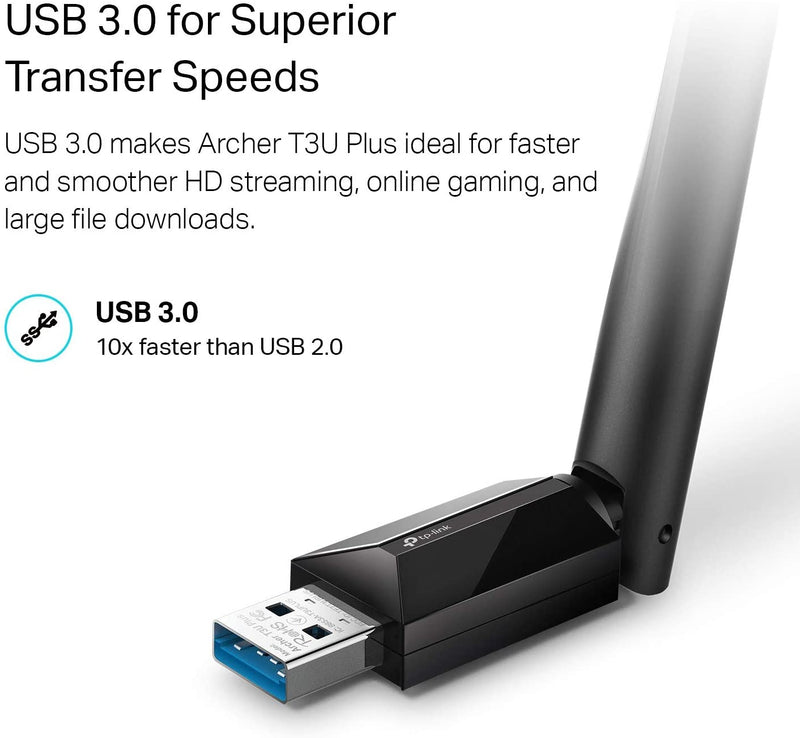 USB Wifi Adapter for Desktop PC, AC1300 USB 3.0 Wireless Dual Band Network Adapter with High Gain Antenna(Archer T3U Plus), MU-MIMO, Windows 11/10/8.1/8/7/XP, Mac OS 10.9-10.15