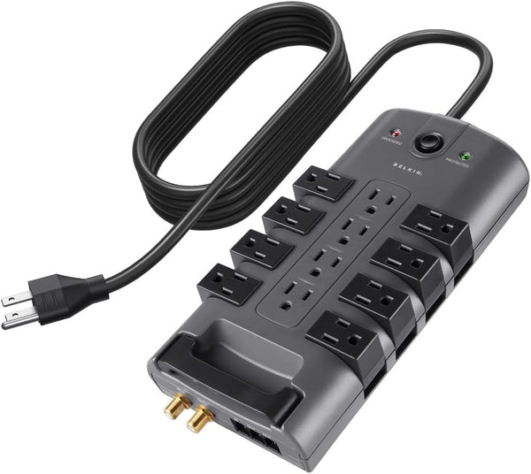 Surge Protector Power Strip W/ 8 Rotating & 4 Standard Outlets - 8Ft Sturdy Extension Cord W/ Flat Pivot Plug for Home, Office, Travel, Desktop & Charging Brick - 4320 Joules of Protection