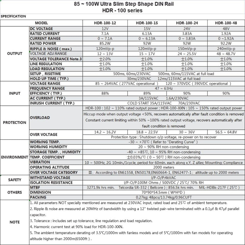 HDR-100-24 Ultra Slim Step-Shape 4SU DIN Rail Power Supply, 24Volt 3.83Amp 92Watt
