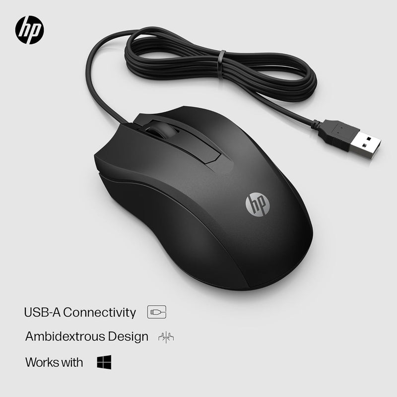 Wired Mouse 100 - Precise Optical Sensor with 1600 DPI - Easy USB Connection - Ambidextrous Design - 3 Button Control & Built-In Scrolling - Multi-Os Compatible (6VY96AA