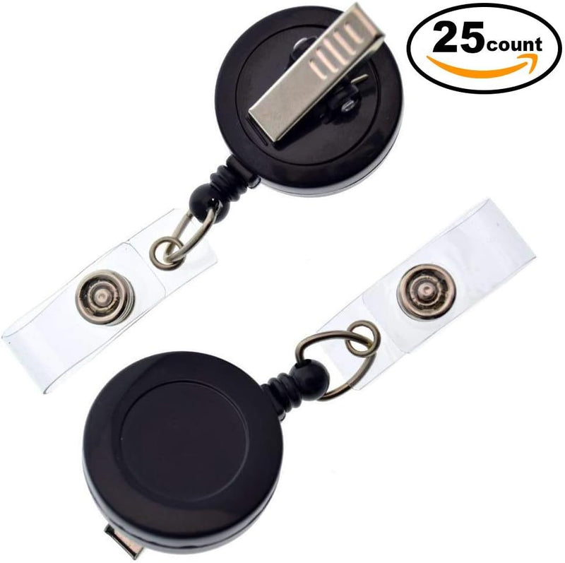 25 Pack Badge Reels - Black Premium Retractable with Alligator Swivel Badge Clip & Vinyl Card Holder Strap - Bulk Pack Badge Holders by