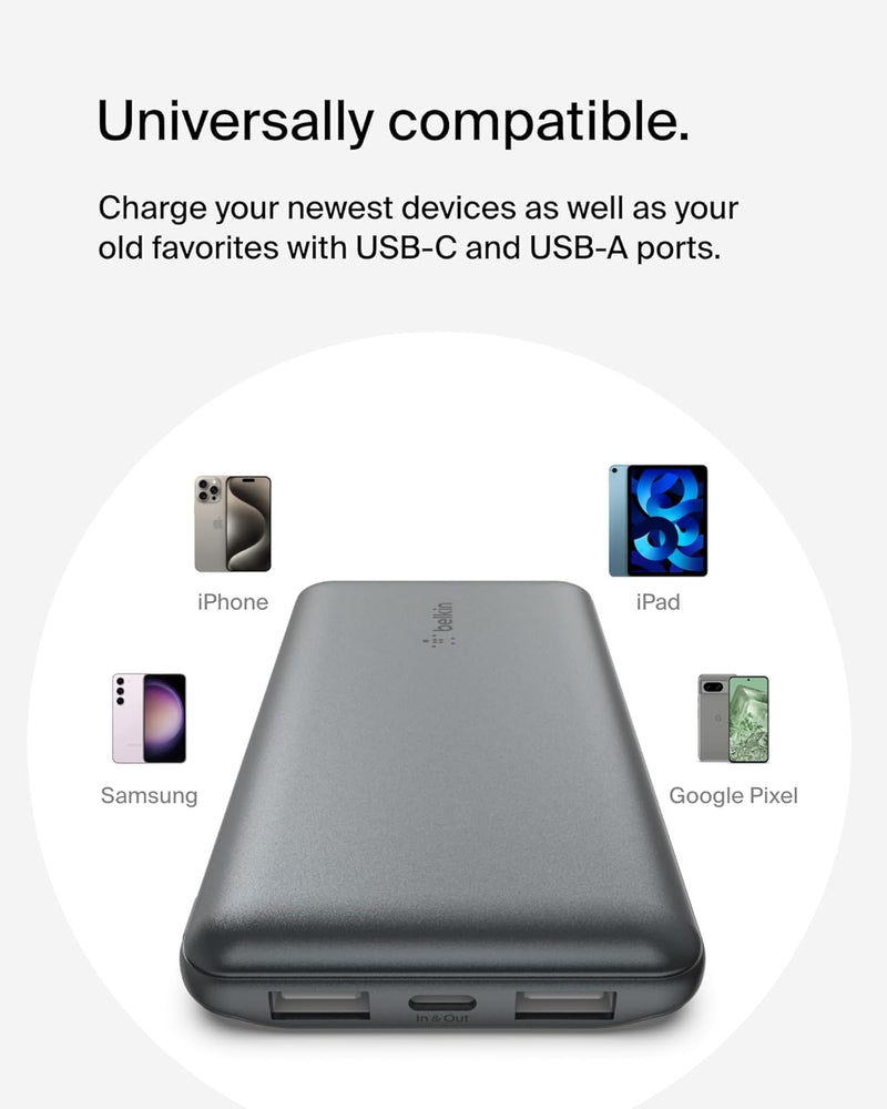 Portable Charger, USB-C Power Bank 10K W/ 1 USB-C Port and 2 USB-A Ports with USB-A to USB-C Cable for Iphone 16, 16 Plus, 16 Pro, 16 Pro Max, Samsung Galaxy S24, & More - Gray