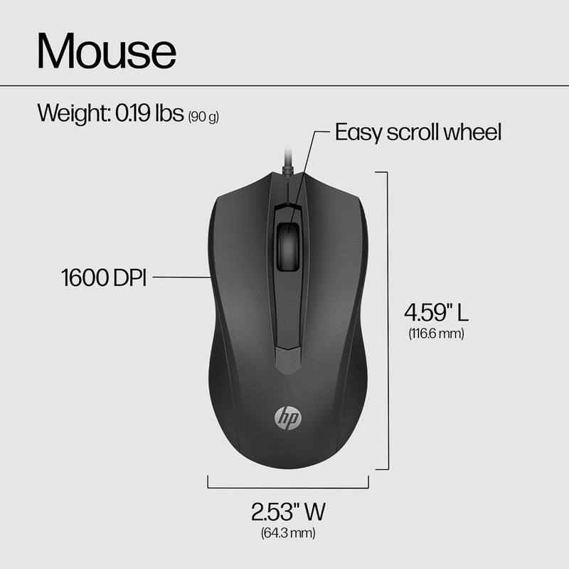 Wired Mouse 100 - Precise Optical Sensor with 1600 DPI - Easy USB Connection - Ambidextrous Design - 3 Button Control & Built-In Scrolling - Multi-Os Compatible (6VY96AA