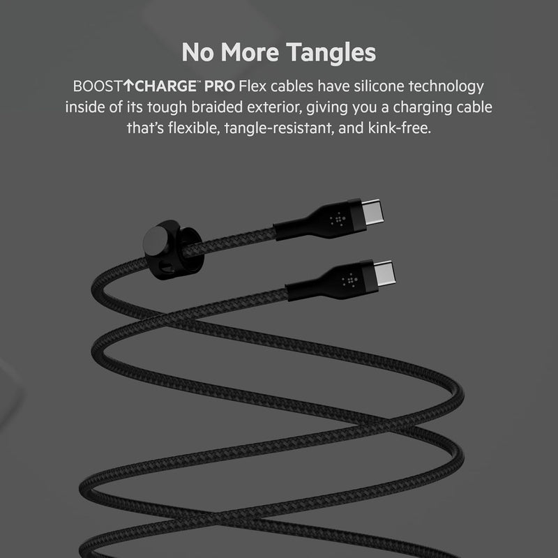 Boostcharge Pro Flex Braided USB-C to USB-C Charger Cable (6.6Ft/2M), USB-IF Certified Fast Charging Cable for Iphone 16 Series, Macbook Pro, Ipad Pro, Galaxy S24, S23, & More - Black (2-Pack)