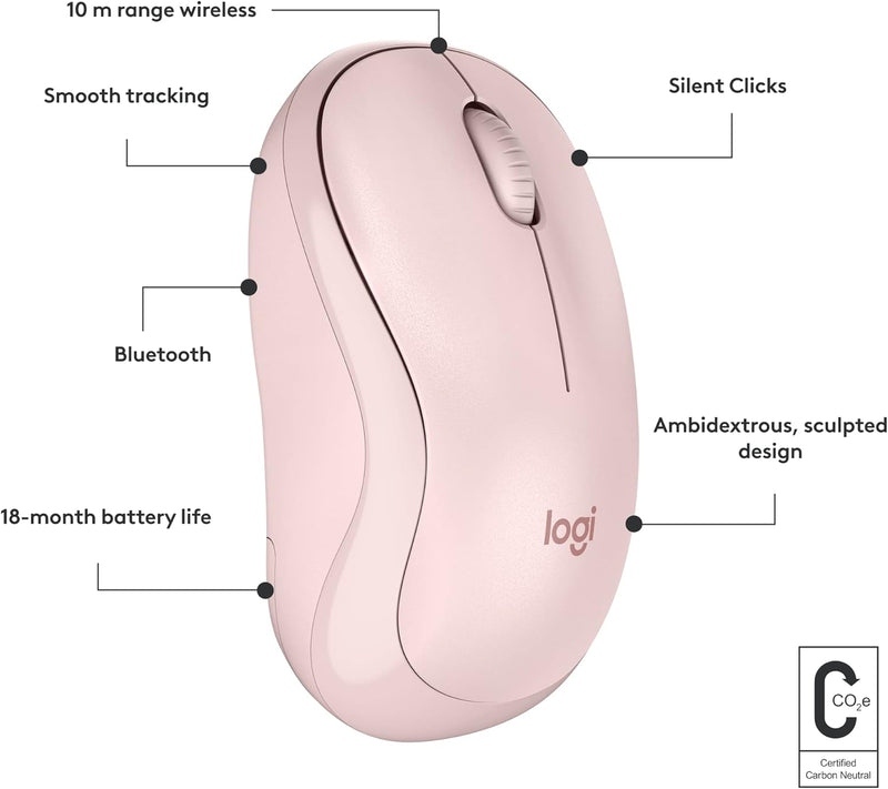 Logitech M240 Silent Bluetooth Mouse, Wireless, Compact, Portable, Smooth Tracking, 18-Month Battery, for Windows, Macos, Chromeos, Compatible with PC, Mac, Laptop, Tablets - Rose