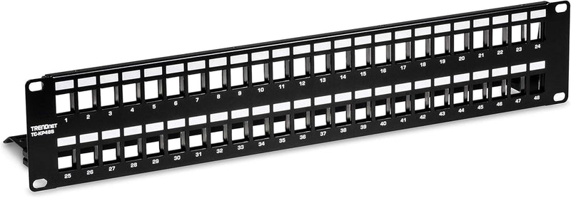 48-Port Blank Keystone Shielded 2U HD Patch Panel, TC-KP48S, 2U 19” Metal Rackmount Housing, Network Management Panel, Recommended with TC-K06C6A Cat6A Keystone Jacks (Sold Separately)