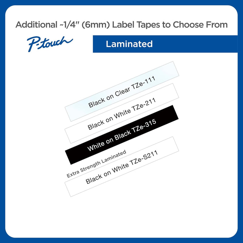 Genuine P-Touch TZE-211 Label Tape 1, 1/4" (0.23") Standard Laminated P-Touch Tape, Black on White, Laminated for Indoor or Outdoor Use, Water Resistant, 26.2 Feet (8M), Single-Pack (Tze211)