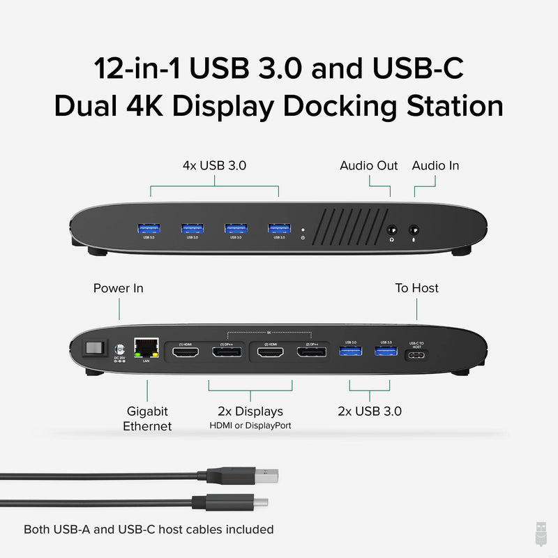 Plugable Universal Laptop Docking Station, 4K Dual Monitor, DisplayPort or HDMI, Windows Mac or ChromeOS Laptops, USB-C or USB 3.0, Adds 2 Displays, Ethernet, Audio, 6 USB Ports - PEGASUSS 