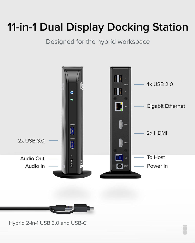 Plugable Laptop Docking Station Dual Monitor for USB-C or USB 3.0, Compatible with Windows and Mac, (Dual HDMI, 6X USB Ports, Gigabit Ethernet, Audio) - PEGASUSS 