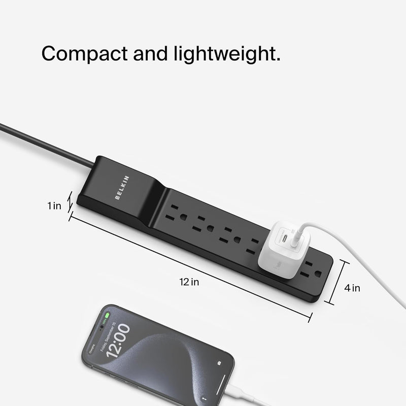 Surge Protector Power Strip with 6 AC Outlets, 6Ft/1.8M Long Heavy-Duty Extension Cord, & 360-Degree Rotating AC Plug for Conference Rooms, Computer Desktops, & More - 600 Joules of Protection