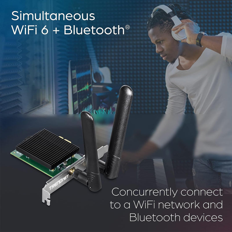 AX3000 Wireless Dual Band & Wifi 6 Pcie Adapter, Bluetooth 5.2 Class 2, 2401 Mbps Wireless AX, 600 Mbps Wireless N Bands, Windows 10, Supports up to WPA3 Wifi Connectivity, Black, TEW-907ECH