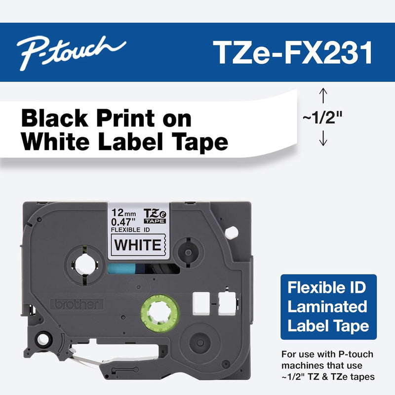 Genuine P-Touch TZE-FX231 Tape, 1/2" (0.47") Wide Flexible-Id Laminated Tape, Black on White, Best Suited for Wire Wrapping and Frlagging, Water-Resistant, 0.47" X 26.2' (12Mm X 8M), TZEFX231