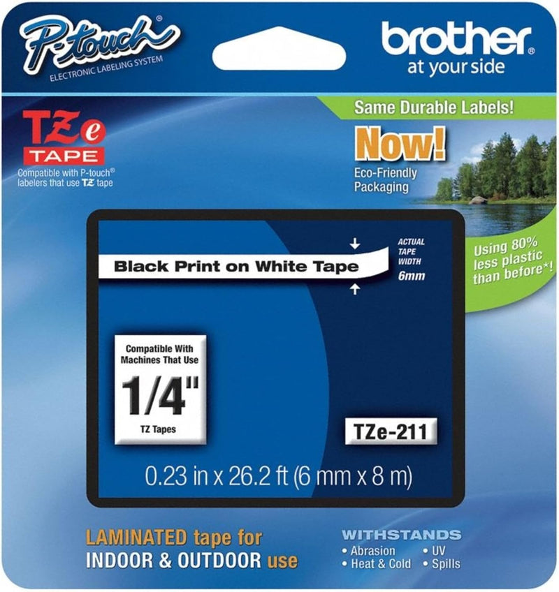 Genuine P-Touch TZE-211 Label Tape 1, 1/4" (0.23") Standard Laminated P-Touch Tape, Black on White, Laminated for Indoor or Outdoor Use, Water Resistant, 26.2 Feet (8M), Single-Pack (Tze211)