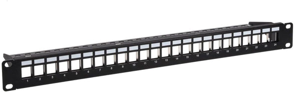 24-Port Blank Keystone Shielded Network Patch Panel, 1U, UL Listed, with Wire Support Bar (TAA), T568A/B